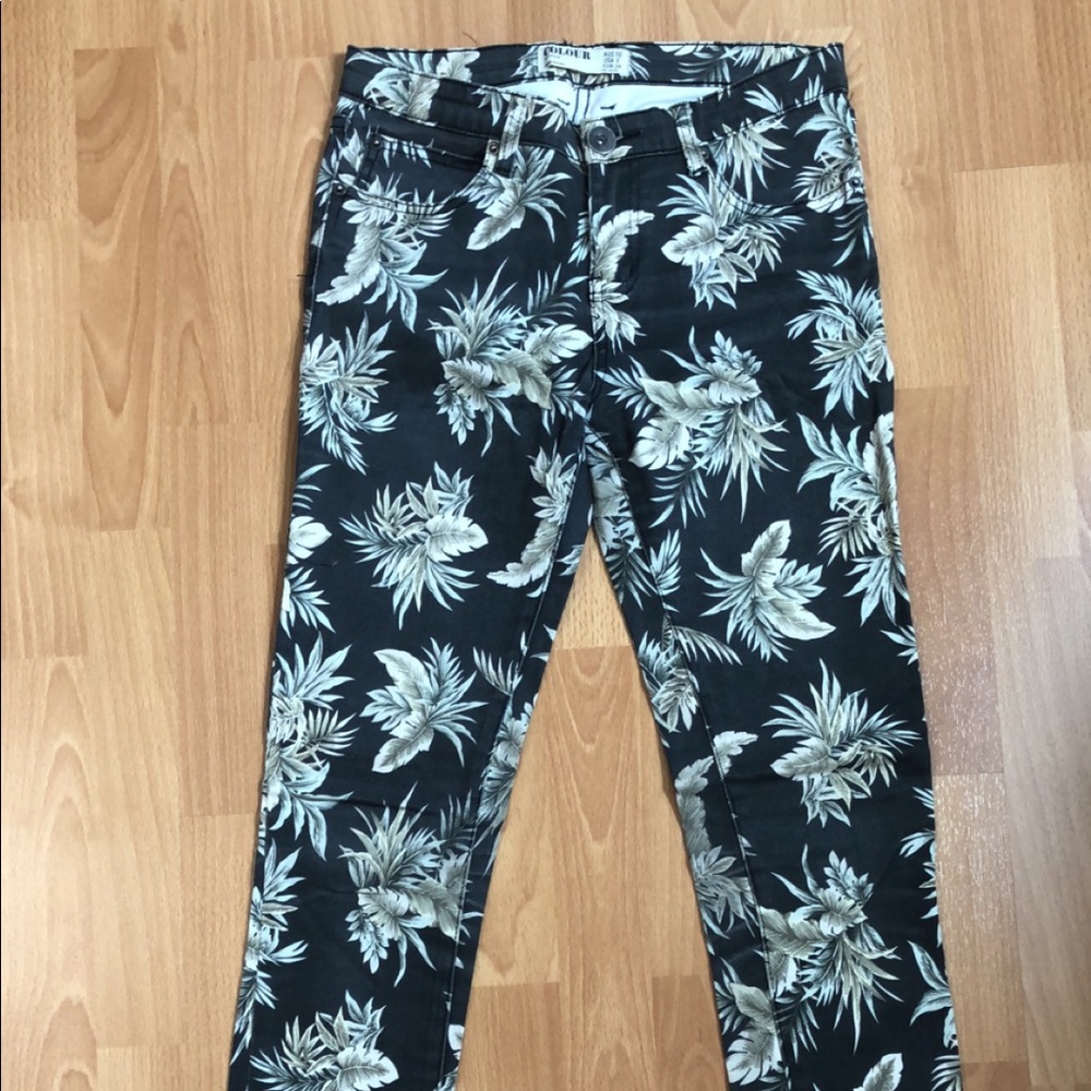 Palm tree tropical leaf print jeans